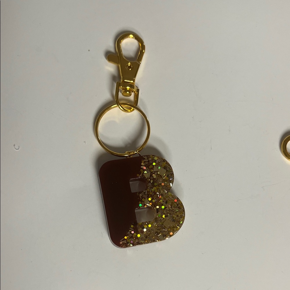 2 for $9 Handmade Gold and Brown Glitter Resin Keychain - Initial Personalized